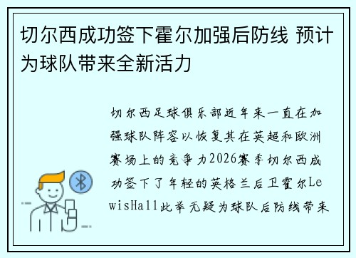 切尔西成功签下霍尔加强后防线 预计为球队带来全新活力 切尔西成功签下霍尔加强后防线 预计为球队带来全新活力
