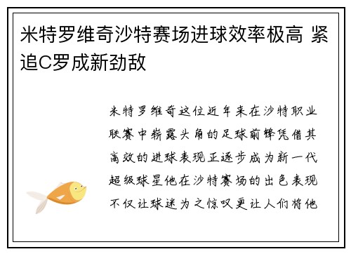 米特罗维奇沙特赛场进球效率极高 紧追C罗成新劲敌